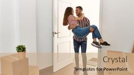  Presentation with man door - Presentation design having young-caucasian-man-holding-woman background and a  colored foreground