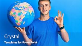  Presentation with world - Presentation theme with young-caucasian-man-holding-world background and a teal colored foreground