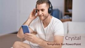  Presentation with old man and his music - Presentation design consisting of young-caucasian-man-listening background and a  colored foreground