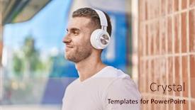  Presentation with listening - PPT layouts featuring young-caucasian-man-listening background and a coral colored foreground