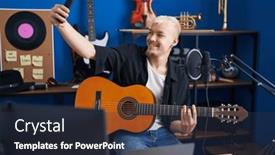  Presentation with classical guitar - Slide deck featuring young-caucasian-man-musician-playing background and a tawny brown colored foreground