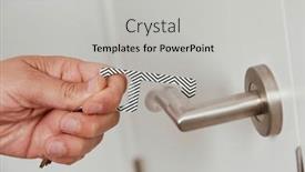  Presentation with man door - Audience pleasing PPT theme consisting of young-caucasian-man-opens backdrop and a light gray colored foreground