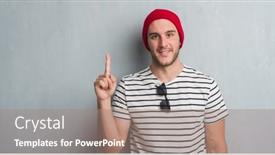  Presentation with young grey maine coon cat - Audience pleasing PPT layouts consisting of young caucasian man over grey grunge wall wearing wool cap surprised with an idea or question pointing finger with happy face number one backdrop and a coral colored foreground