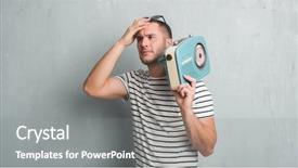  Presentation with vintage radio - Theme featuring young caucasian man over grey background and a gray colored foreground