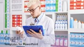  Presentation with report - PPT theme consisting of young-caucasian-man-pharmacist-holding background and a light blue colored foreground