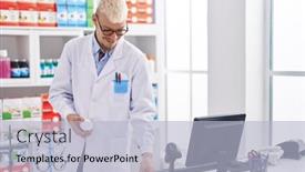  Presentation with man holding phone - Theme consisting of young-caucasian-man-pharmacist-holding background and a light blue colored foreground