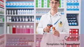  Presentation with scanning - PPT layouts with young-caucasian-man-pharmacist-scanning background and a coral colored foreground