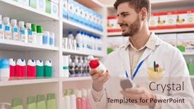  Presentation with medication - PPT layouts enhanced with young-caucasian-man-pharmacist-smiling background and a coral colored foreground