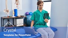  Presentation with rehab clinic - Presentation design having young-caucasian-man-physiotherapist-looking background and a teal colored foreground