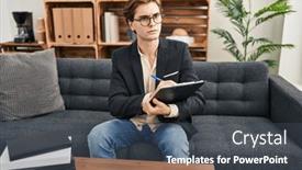  Presentation with psychology - PPT layouts enhanced with young-caucasian-man-psychologist-writing background and a ocean colored foreground