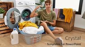  Presentation with symbol - Presentation design consisting of young-caucasian-man-putting-dirty background and a  colored foreground