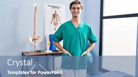  Presentation with rehab clinic - Presentation theme consisting of young-caucasian-man-pysiotherapist-smiling background and a teal colored foreground