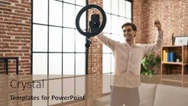  Presentation with recording - Slide deck with young-caucasian-man-recording-video background and a coral colored foreground