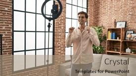  Presentation with recording - Theme having young-caucasian-man-recording-video background and a coral colored foreground