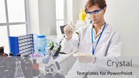  Presentation with scientist - Presentation design enhanced with young-caucasian-man-scientist-holding background and a light gray colored foreground