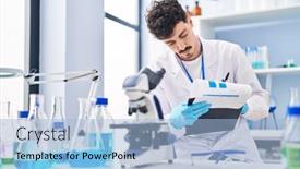  Presentation with report - PPT theme with young-caucasian-man-scientist-reading background and a light blue colored foreground