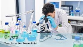  Presentation with microscope - Slide deck consisting of young-caucasian-man-scientist-using background and a light blue colored foreground