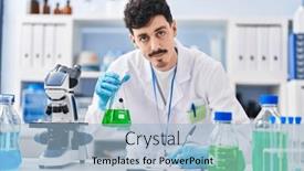  Presentation with test tube laboratory - Presentation theme with young-caucasian-man-scientist-writing background and a light blue colored foreground