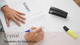  Presentation with writing - Slide deck enhanced with young-caucasian-man-screenwriter-writing background and a coral colored foreground