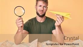  Presentation with destination - Cool new slide set with young-caucasian-man-searching backdrop and a coral colored foreground