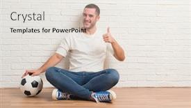  Presentation with white brick wall - Presentation theme enhanced with young caucasian man sitting over white brick wall holding soccer football ball happy with big smile doing ok sign thumb up with fingers excellent sign background and a sky blue colored foreground