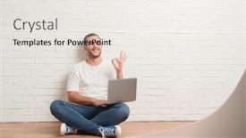  Presentation with white brick - Presentation theme having young caucasian man sitting over white brick wall using computer laptop doing ok sign with fingers excellent symbol background and a sky blue colored foreground
