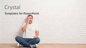  Presentation with white brick wall - Beautiful PPT layouts featuring young caucasian man sitting on the floor over white brick wall covering one eye with hand with confident smile on face and surprise emotion backdrop and a sky blue colored foreground