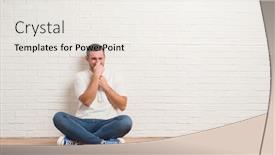  Presentation with breath - Audience pleasing slide deck consisting of young caucasian man sitting on the floor over white brick wall smelling something stinky and disgusting intolerable smell holding breath with fingers on nose bad smells concept backdrop and a sky blue colored foreground