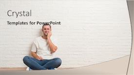  Presentation with white brick - Colorful presentation theme enhanced with young caucasian man sitting on the floor over white brick wall touching mouth with hand with painful expression because of toothache or dental illness on teeth dentist concept backdrop and a sky blue colored foreground