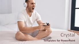  Presentation with video games playing - Presentation design having young-caucasian-man-sitting background and a coral colored foreground