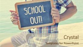  Presentation with schools out - Amazing PPT layouts having young caucasian man sitting in a wooden pier shows a chalkboard with the text schools out written in it with a filter effect backdrop and a lemonade colored foreground