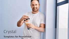  Presentation with beverage - Presentation theme consisting of young-caucasian-man-smiling-confident background and a light blue colored foreground