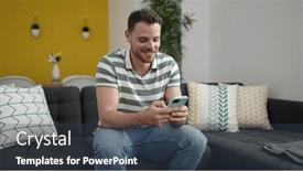  Presentation with smartphone - Theme enhanced with young-caucasian-man-smiling-using background and a tawny brown colored foreground