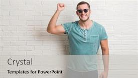  Presentation with white brick wall - Cool new slides with young caucasian man standing over white brick wall wearing sunglasses annoyed and frustrated shouting with anger crazy and yelling with raised hand anger concept backdrop and a light gray colored foreground