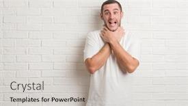  Presentation with white brick wall - Slide deck with young-caucasian-man-standing-over background and a light gray colored foreground