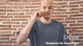  Presentation with lips mouth - Presentation design with young-caucasian-man-standing-over background and a dark gray colored foreground