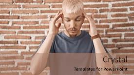  Presentation with headache - Presentation design having young-caucasian-man-standing-over background and a coral colored foreground