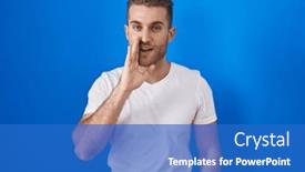  Presentation with talk - Presentation theme featuring young-caucasian-man-standing-over background and a teal colored foreground