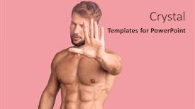  Presentation with hand palm - PPT theme with young-caucasian-man-standing-shirtless background and a coral colored foreground