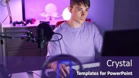  Presentation with streamer - PPT layouts featuring young-caucasian-man-streamer-sitting background and a violet colored foreground