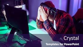  Presentation with computer room - Slide set with young-caucasian-man-streamer-stressed background and a navy blue colored foreground