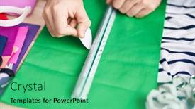  Presentation with clothing factory - Presentation theme featuring young-caucasian-man-tailor-make background and a seafoam green colored foreground