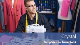  Presentation with factory machine - Slide set featuring young-caucasian-man-tailor-smiling background and a ocean colored foreground