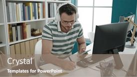  Presentation with taking notes - PPT theme having young-caucasian-man-using-computer background and a gray colored foreground