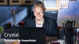  Presentation with laptop - PPT theme having young-caucasian-man-using-laptop background and a  colored foreground