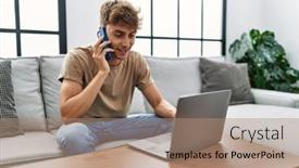  Presentation with laptop - Presentation design with young-caucasian-man-using-laptop background and a coral colored foreground