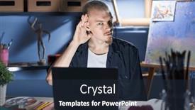  Presentation with hearing - Presentation theme featuring young-caucasian-man-using-laptop background and a wine colored foreground