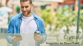  Presentation with rideshare taxi app on smartphone - PPT layouts featuring young-caucasian-man-using-smartphone background and a mint green colored foreground