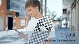  Presentation with smartphone - PPT theme featuring young-caucasian-man-using-smartphone background and a  colored foreground