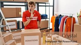  Presentation with volunteer - PPT theme with young-caucasian-man-volunteer-holding background and a coral colored foreground